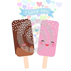 I love you Card design with Kawaii chocolate and strawberry Ice cream, ice lolly with pink cheeks and winking eyes, pastel colors