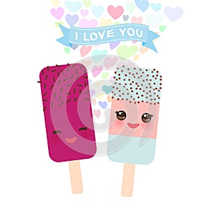 I love you Card design with Kawaii mint, raspberry and pomegranate Ice cream, ice lolly with pink cheeks and winking eyes, pastel