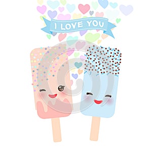 I love you Card design with Kawaii mint and strawberry Ice cream, ice lolly with pink cheeks and winking eyes, pastel colors on