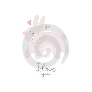 I love you. Cartoon rabbit, hand drawing lettering. colorful vector illustration, flat style.