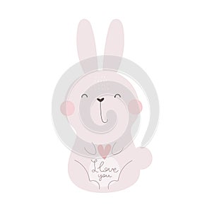 I love you. Cartoon rabbit, hand drawing lettering. colorful vector illustration, flat style.