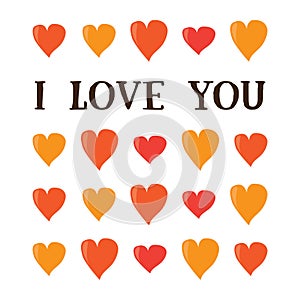 I love you. Cartoon valentines day romantic greeting card template . Red and orange hearts on white background.