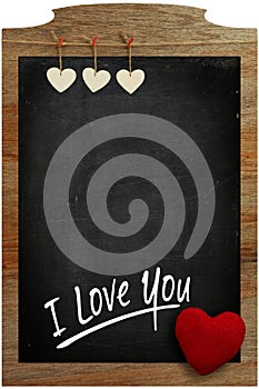 I Love You Chalkboard White hearts hanging on wooden frame with