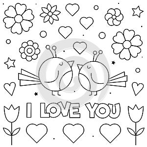 I love you. Coloring page. Black and white vector illustration.