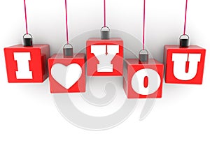 I love you concept on hanging red toy blocks on white