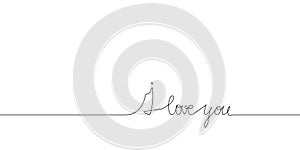 I love you continuous line drawing. One line art of english hand written lettering, phrase on line greeting card.
