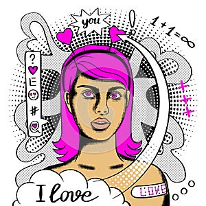 I Love You Creative conceptual modern hand drawn doodle portrait with hearts
