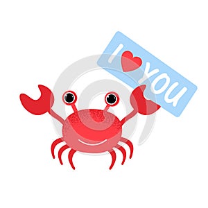 I love you. Cute cartoon red crab drawing.