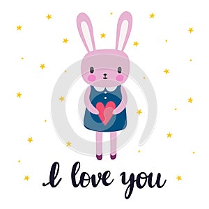 I love you. Cute little bunny. Romantic card, greeting card or postcard. Illustration with beautiful rabbit with heart