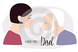 I love you dad. Elderly man with gray hair and wrinkles, his daughter. Fathers day illuctration. Caucasian Portraits in