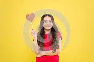 I love you. Girl little child smiling hold heart symbol on stick. Like and support. Valentines day. Fall in love. Love