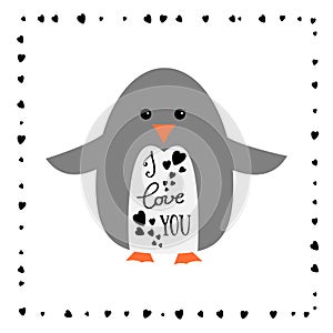 I love you - greeting card for Happy Valintines Day. Cute penguin. Calligraphy sign. photo