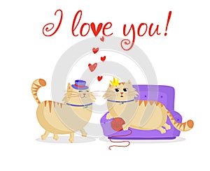 I love you greeting card with kawaii cartoon cats couple in love
