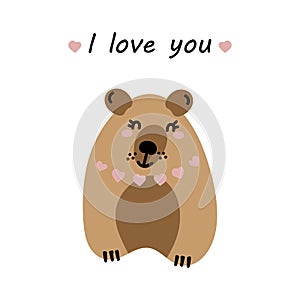 I love you. Greeting card for Valentine`s Day, birthday, Mother`s Day, wedding with cute bears and heart. Vector illustration