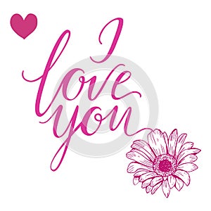 I Love You hand drawn lettering. Gerbera flower and heart. Vector illustration.