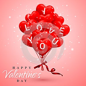 I Love You, Happy Valentines Day background, red balloon in form of heart with bow and ribbon. Vector illustration