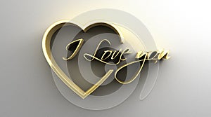 I Love You in heart - gold 3D quality render on the wall background with soft shadow.