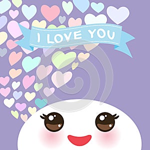 I love you Kawaii funny white muzzle with pink cheeks and eyes on light lilac background and pastel color hearts. Vector