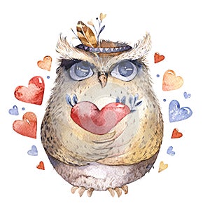 I love you. Lovely watercolor illustration with sweet owls, hearts and flowers in awesome colors. Stunning romantic
