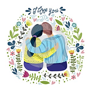 I love you, loving couple and abstract flowers and leaves with hand draw lettering, flat vector illustration