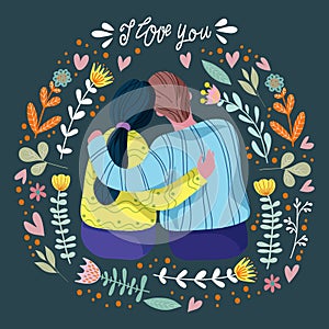 I love you, loving couple among bright floral leaves on a blue background with hand draw lettering,modern flat vector