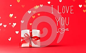 I Love You message with present box with heart lights