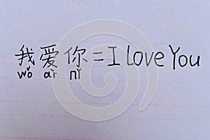 â€œI love youâ€ neat paper handwritings texture in Chinese with pinyin and English characters