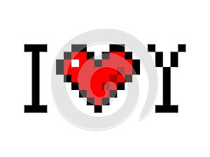 I love you pixel icon. Red hearts with black outline in capital letters and shape romantic recognition heartfelt.