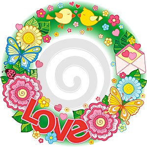 I love you. Round vignette. Abstract background made of flowers, cups, butterflies, and birds