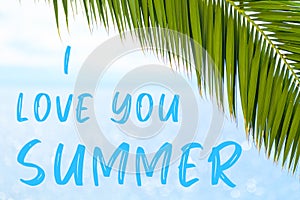 I love you summer message written in elegant font on the background with palm leaf and blue sea. Holiday concept and