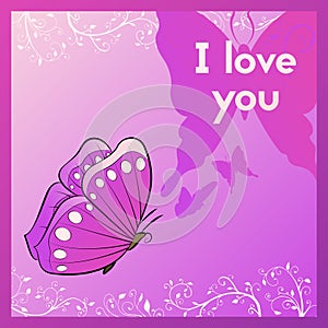 I love you. Sweetheart purple postcard with a butterfly.