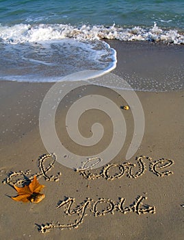 I Love You, text written on a beach