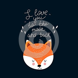 I love you to the moon and back. Cartoon fox, hand drawing lettering, decoration elements on a neutral background. Colorful vector