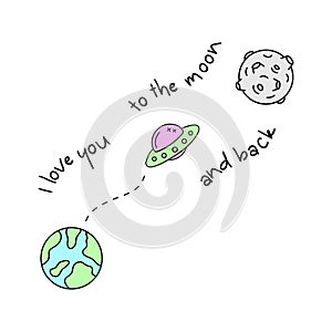 I love you to the moon and back quote, vector drawing