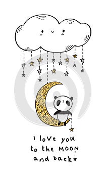 I love you to the moon. Greeting card with cute panda.