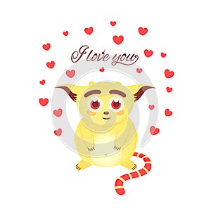 I love you. Valentine`s day greeting card. love character in hearts. cute monster or fantastic creature