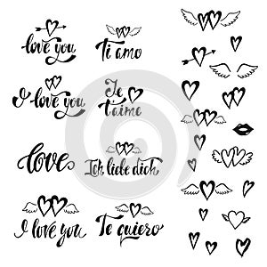 I love you. Vector set of hand drawn lettering phrases. Romantic typography design for Valentines Day.