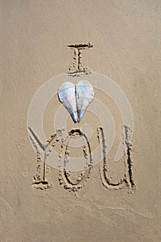 I Love You Written In Sand Accented With Seashell Heart