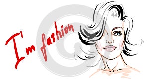 I`m fashion young woman drawing sketch. Hand-drawn modern fashion illustration of a girl model art portrait. Stylish art sketch o