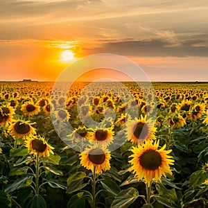 Field of sunflowers with a sunset AI generated