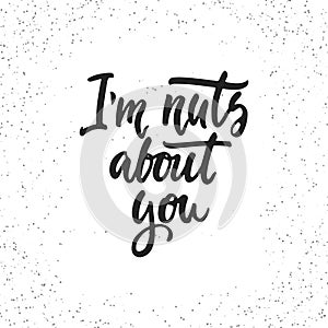 I`m nuts about you - hand drawn lettering phrase isolated on the white grunge background. Fun brush ink inscription for