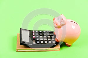 I need money. capital management. moneybox with calculator. Piggy bank. bookkeeping. financial report. money saving