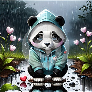 I noticed a sad scene a panda sitting on a bench wearing a hoodie, with a broken heart lying on the ground next to them.