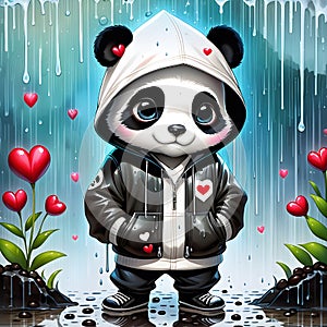 I noticed a sad scene a panda standing in the garden, wearing a hoodie, with a broken heart lying on the ground next to them.