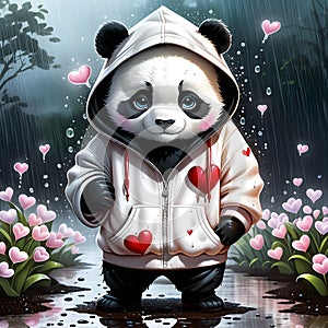 I noticed a sad scene a panda standing and wearing a hoodie, with a broken heart lying on the ground next to them.