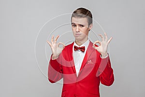 I am ok, approval. Portrait of trendy young gentleman wearing red tuxedo and bow tie showing okay