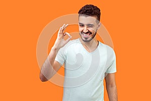 I am ok! Portrait of playful optimistic handsome brunette man showing okay finger gesture and winking. isolated on orange