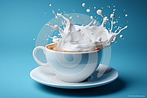 I orchestrate my mornings to the tune of coffee. Splashing against blue background. splash of coffee with milk in a cup. milk