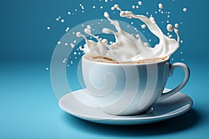 I orchestrate my mornings to the tune of coffee. Splashing against blue background. splash of coffee with milk in a cup. milk