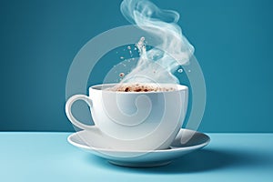 I orchestrate my mornings to the tune of coffee. Splashing against blue background. splash of coffee with milk in a cup. milk